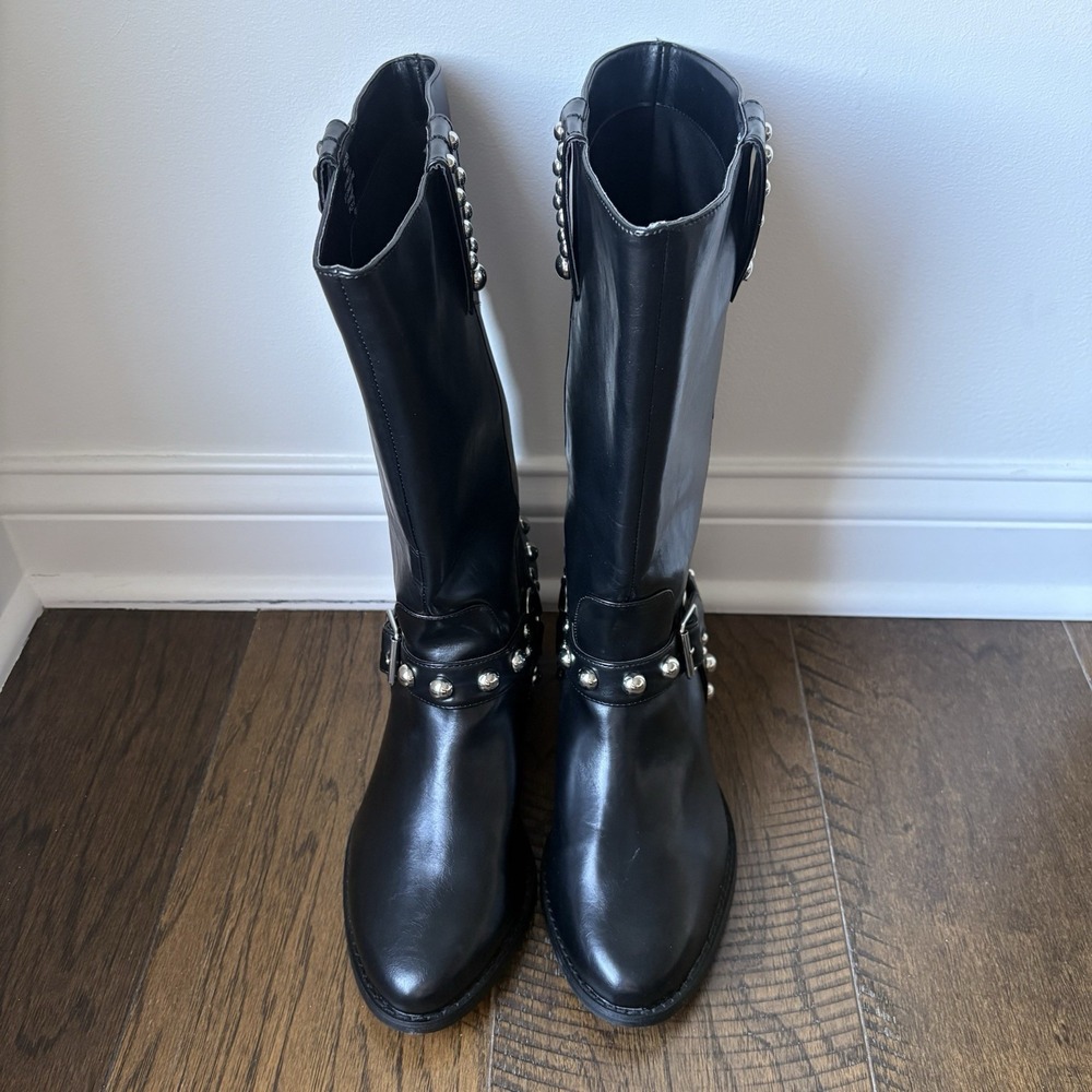 Jessica Simpson Black Milley Studded Moto Boots Silver Harness Hidden Wedge Sz11 - Picture 2 of 10
